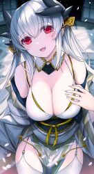 Rule 34 | 1girl, :d, bare shoulders, bikini, blush, breasts, cleavage, commentary request, dragon girl, dragon horns, fate/grand order, fate (series), hair ornament, highres, horns, kiyohime (fate), large breasts, long hair, long sleeves, looking at viewer, morizono shiki, off shoulder, open mouth, red eyes, smile, solo, swimsuit, thighhighs, white bikini, white hair, white thighhighs, wide sleeves