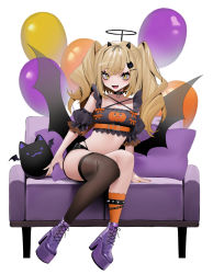 Rule 34 | 1girl, :d, balloon, bebe (bebe pp), black horns, black shorts, black wings, blonde hair, boots, breasts, cat-shaped pillow, couch, demon girl, fake halo, fang, frills, hair ornament, hairclip, halo, high heel boots, high heels, highres, horns, long hair, looking at viewer, medium breasts, open mouth, orange socks, original, pillow, shoes, shorts, simple background, single thighhigh, sitting, smile, socks, solo, thighhighs, twintails, white background, wings