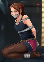 Rule 34 | 1girl, annoyed, bike shorts, black tank top, blue eyes, bound, bound ankles, bound torso, bound wrists, breasts, brown hair, capcom, claire redfield, gag, gagged, highres, improvised gag, jewelry, legs, looking at viewer, lost one zero, necklace, pantyhose, resident evil, resident evil 2, seiza, shirt, shorts, sitting, sleeveless, sleeveless shirt, solo, tank top, tape, tape gag, thighs