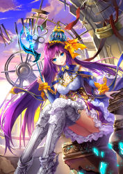 Rule 34 | 1girl, armor, armored boots, bad id, bad pixiv id, blue eyes, blue hat, boots, bow, clock, clock tower, cloud, crown, frilled sleeves, frills, full body, greaves, grey footwear, hair bow, hat, highres, indoors, long hair, looking at viewer, original, purple hair, shards, shente (sharkpunk), silver boots, silver legwear, sitting, solo, sunset, thigh boots, thighhighs, tower, very long hair, wand