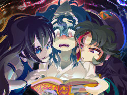 Rule 34 | 3girls, black hair, blue eyes, book, bracelet, colored skin, commentary request, crying, crying with eyes open, ghost, hair between eyes, hat ornament, highres, holding, holding book, japanese clothes, jewelry, jiangshi, kimono, long hair, multiple girls, open mouth, original, puffy short sleeves, puffy sleeves, purple headwear, reading, red eyes, shared book, short hair, short sleeves, star (symbol), star hat ornament, tears, triangular headpiece, upper body, white kimono, white skin, yukiman