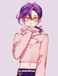 Rule 34 | 1boy, chromatic aberration, cleavage cutout, clothing cutout, commentary request, cropped sweater, freckles, frown, heart, jojo no kimyou na bouken, low ponytail, male focus, midriff, navel, pants, ponytail, purple hair, purple pants, ribbed sweater, sempon (doppio note), sleeves past wrists, solo, sweater, turtleneck, turtleneck sweater, upper body, vento aureo, vinegar doppio, yellow eyes
