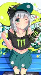 Rule 34 | 1girl, adapted costume, baseball cap, black hairband, blush, bow, bow hairband, can, commentary request, drink can, energy drink, green eyes, hairband, hat, highres, konpaku youmu, looking at viewer, midriff, monster energy, one eye closed, sakuramochi usa, short hair, skirt, smile, soda can, touhou, white hair