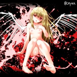 Rule 34 | 1girl, bad id, bad pixiv id, barefoot, blonde hair, blood, blood splatter, breasts, collarbone, fallen angel, feet, hand on own chest, long hair, nipples, nude, original, red eyes, sitting, small breasts, solo, tongue, tongue out, very long hair, wings, yua (checkmate)