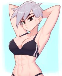 1girl abs armpits arms_behind_head axed axelia black_eyes black_panties black_sports_bra breasts cleavage collarbone grey_hair hair_behind_ear highres medium_breasts midriff navel panties short_hair solo sports_bra underwear upper_body xyronii