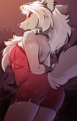 Rule 34 | 1girl, animal ears, arms behind back, breasts, dress, ear piercing, furry, furry female, grey fur, highres, looking at viewer, loona (helluva boss), md5 mismatch, nape, pentagram, piercing, pointy ears, red background, red eyes, short dress, short hair, smile, snout, solo, swaybat, tail, wolf ears, wolf girl, wolf tail