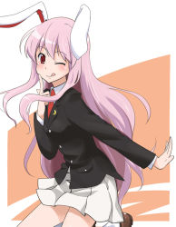 Rule 34 | 1girl, :q, ;q, animal ears, blazer, chiyomi, female focus, jacket, light purple hair, long hair, looking at viewer, necktie, one eye closed, pleated skirt, purple hair, rabbit ears, red eyes, red necktie, reisen udongein inaba, skirt, smile, solo, tongue, tongue out, touhou, wink