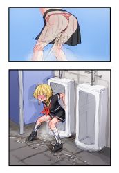 Rule 34 | 1girl, absurdres, blonde hair, blue eyes, blush, highres, open mouth, original, peeing, peeing self, public bathroom, puddle, rune (dualhart), solo, standing, urinal, urinal use, wet, wet clothes