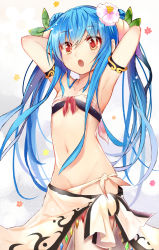Rule 34 | 1girl, :o, adapted costume, armlet, armpits, arms behind head, arms up, bandeau, bikini, bikini pull, blue hair, blush, clothes pull, cowboy shot, efe, eyebrows, eyes visible through hair, flat chest, flower, front-tie bikini top, front-tie top, gem, groin, hair between eyes, hair flower, hair ornament, highres, hinanawi tenshi, leaf, long hair, looking at viewer, lowleg, multicolored eyes, navel, open mouth, orange eyes, rainbow order, red eyes, sarong, side-tie bikini bottom, sidelocks, solo, standing, strapless, strapless bikini, swimsuit, touhou, twintails, very long hair, white bikini