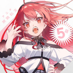 Rule 34 | 1girl, ahoge, bare shoulders, black bow, black hairband, bow, breasts, countdown, eris greyrat, hairband, hand on own hip, hand up, head tilt, highres, jacket, long hair, looking at viewer, mushoku tensei, off shoulder, red eyes, red hair, shirotaka (5choume), small breasts, solo, thick eyebrows, v-shaped eyebrows, very long hair, white background, white jacket