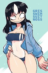 Rule 34 | 1girl, absurdres, alternate costume, aqua background, arm at side, bags under eyes, black hair, blue jacket, blue one-piece swimsuit, borrowed character, breasts, casual one-piece swimsuit, character name, cleavage, closed mouth, collarbone, constricted pupils, covered navel, cowboy shot, double vertical stripe, drawstring, english text, fingernails, gris swimsuit, groin, half-closed eyes, hand on own hip, highleg, highleg swimsuit, highres, hood, hood down, hooded jacket, jacket, large breasts, legs together, light particles, light smile, long fingernails, long hair, long sleeves, looking away, looking to the side, meme attire, multicolored hair, narrow waist, navel, noss (rariatto), one-piece swimsuit, open clothes, open jacket, original, outline, pocket, raised eyebrows, rariatto (ganguri), see-through, see-through swimsuit, sidelocks, simple background, smile, standing, strapless, strapless one-piece swimsuit, streaked hair, swimsuit, swimsuit under clothes, thick thighs, thigh gap, thighs, two-tone hair, wavy mouth, white hair, white outline, wide hips