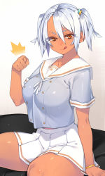 Rule 34 | 1girl, 23 (real xxiii), breasts, dark-skinned female, dark skin, female focus, fig sign, highres, large breasts, licking lips, neckerchief, original, school uniform, serafuku, shirt, short sleeves, silver-haired girl (23), silver hair, skirt, smile, solo, tan, tongue, tongue out, twintails, yellow eyes