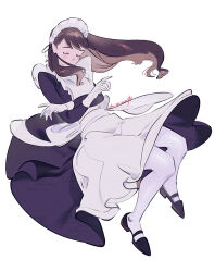 Rule 34 | 1girl, apron, black dress, black footwear, brown hair, closed eyes, commentary, crossed arms, dress, english commentary, floating, floating hair, gloves, long hair, long sleeves, maid apron, maid headdress, original, pantyhose, shoes, signature, simple background, sleeping, solo, swept bangs, umishima senbon, white apron, white background, white gloves, white pantyhose