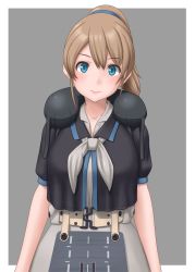 Rule 34 | 1girl, belt, black shirt, blue eyes, breasts, brown belt, brown hair, grey background, grey neckerchief, hair between eyes, highres, intrepid (kancolle), kantai collection, large breasts, looking at viewer, neck pillow, neckerchief, ponytail, shirt, short hair, short sleeves, skirt, solo, t2r, upper body, white shirt, white skirt