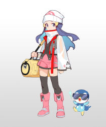 Rule 34 | 1girl, adapted costume, bag, beanie, black hair, boots, closed mouth, commentary request, creatures (company), cropped jacket, dawn (pokemon), duffel bag, game freak, gen 4 pokemon, grey background, grey eyes, hair ornament, hairclip, hat, jacket, korean commentary, long hair, long sleeves, nintendo, open clothes, open jacket, pagye, pink footwear, pink skirt, piplup, pokemon, pokemon (creature), pokemon dppt, shirt, simple background, skirt, thighhighs, white headwear, yellow bag