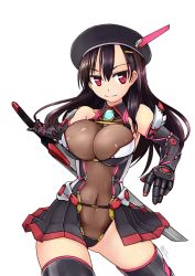 Rule 34 | 1girl, bare shoulders, black hair, breasts, covered navel, cyborg, elbow gloves, gauntlets, gloves, hat, highres, holding, holding weapon, kagaku touki silver raina, large breasts, light smile, long hair, magical girl, original, pleated skirt, red eyes, simple background, skirt, solo, thighhighs, thighs, tokihama jirou, weapon, white background