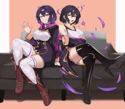 Rule 34 | 2girls, absurdres, bare shoulders, black dress, black footwear, boots, breasts, brown footwear, commentary, corruption, couch, crossed legs, dark persona, dress, dual persona, fire emblem, fire emblem awakening, grima (fire emblem), grin, hand up, high heel boots, high heels, highres, intelligent systems, long sleeves, looking at viewer, medium breasts, morgan (female) (fire emblem), morgan (fire emblem), multiple girls, nintendo, open mouth, pencil dress, possessed, possession, purple eyes, purple hair, red eyes, short dress, short hair, sitting, smile, tank top, thigh boots, thighhighs, thighs, white tank top, white thighhighs, zet (twt zet)