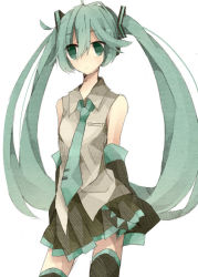 Rule 34 | 1girl, bad id, bad pixiv id, detached sleeves, green eyes, green hair, hakui, hatsune miku, long hair, matching hair/eyes, necktie, skirt, solo, thighhighs, twintails, very long hair, vocaloid, white background