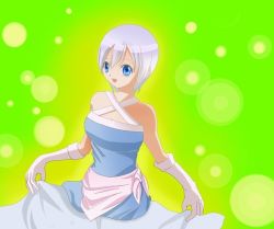 Rule 34 | 1girl, bare shoulders, blue eyes, breasts, dress, fairy tail, gloves, lisanna strauss, open mouth, short hair, white hair