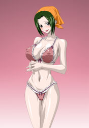 Rule 34 | 1girl, ass, black eyes, breasts, covered erect nipples, female focus, green hair, highres, large breasts, makino (one piece), nel-zel formula, nipples, one piece, open mouth, short hair, smile, swimsuit