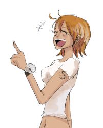 Rule 34 | 1girl, arm tattoo, artist request, breasts, closed eyes, facing to the side, highres, index finger raised, large breasts, laughing, midriff, nami (one piece), navel, nose, one piece, orange hair, shirt, short hair, simple background, solo, tattoo, tearing up, teeth, upper body, upper teeth only, white background, white shirt
