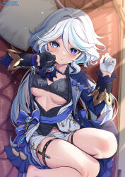 Rule 34 | 1girl, ahoge, ascot, asymmetrical gloves, barefoot, black bra, black gloves, black shirt, blue ascot, blue eyes, blue gemstone, blue hair, blue jacket, blush, bra, breasts, couch, cushion, dress shirt, drop-shaped pupils, from above, furina (genshin impact), gem, genshin impact, gloves, half gloves, heterochromia, highres, indoors, jacket, knees up, light blue hair, long hair, long sleeves, looking at viewer, lying, medium breasts, mismatched gloves, mismatched pupils, multicolored hair, navel, on back, on couch, parted lips, partially unbuttoned, ponnyu12, shirt, short shorts, shorts, solo, streaked hair, symbol-shaped pupils, thigh strap, thighs, twitter username, underwear, white gloves, white hair, white shorts