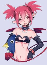 Rule 34 | 1girl, bad id, bad pixiv id, bare shoulders, black gloves, bracelet, breasts, choker, demon girl, demon tail, disgaea, earrings, etna (disgaea), gloves, highres, jewelry, long hair, makai senki disgaea, navel, pointy ears, prinny, red eyes, red hair, simple background, sketch, small breasts, tail, twintails, wings, yoiyoi (yoiyoi-chan)