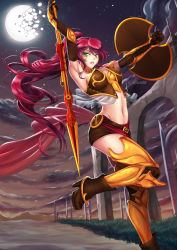 Rule 34 | 1girl, adsouto, armpits, bare shoulders, boots, high heel boots, high heels, highres, holding, holding weapon, long hair, looking at viewer, moon, outdoors, polearm, pyrrha nikos, red hair, rwby, shield, spear, weapon