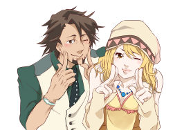 Rule 34 | 10s, 1boy, 1girl, bad id, bad pixiv id, bare shoulders, blonde hair, blush, bracelet, brown eyes, brown hair, cropped jacket, detached sleeves, facial hair, fingernails, happy, hat, ito (e10 e10), jacket, jewelry, kaburagi t. kotetsu, karina lyle, lipstick, makeup, necklace, necktie, one eye closed, pouty lips, short hair, simple background, smile, stubble, tiger &amp; bunny, vest, waistcoat, watch, white background, wink, wristwatch