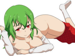 Rule 34 | &gt;:), 1girl, blush, breasts, cato (monocatienus), cleavage, clothes pull, commentary, green hair, kazami yuuka, large breasts, lying, naughty face, no panties, on floor, on side, red eyes, shirt down, short hair, skirt, skirt pull, socks, solo, touhou, undressing, v-shaped eyebrows