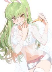 Rule 34 | 1girl, animal ears, belt, breasts, c.c., cleavage, code geass, creayus, earrings, fake animal ears, food, green hair, hair ornament, holding, holding food, holding pizza, jewelry, long hair, medium breasts, midriff, navel, pink belt, pizza, rabbit ears, shorts, solo, thighhighs, white background, yellow eyes