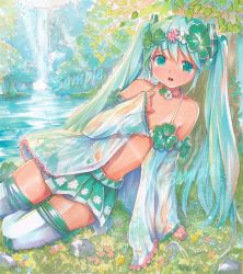 Rule 34 | 1girl, aqua eyes, aqua hair, bare shoulders, detached sleeves, grass, hair ornament, hatsune miku, light rays, long hair, looking at viewer, mayo riyo, project diva (series), project diva 2nd, rock, sample watermark, sitting, skirt, solo, sunbeam, sunlight, thighhighs, traditional media, tree, twintails, very long hair, vocaloid, water, watermark, white thighhighs