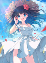 Rule 34 | 1girl, absurdres, adjusting hair, bare shoulders, black hair, blue eyes, cloud, collarbone, commentary, cowboy shot, day, dress, english commentary, floating hair, flower, frilled dress, frills, hair flower, hair ornament, hand up, hat, highres, lens flare, lex suri12, light particles, long hair, looking at viewer, open mouth, original, petals, smile, solo, spaghetti strap, straw hat, sun hat, sundress, teeth, upper teeth only, white dress