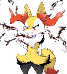 Rule 34 | 1girl, anger vein, angry, animal ear fluff, animal ears, animal nose, arm behind back, black fur, blush, body fur, braixen, breaking, clenched hand, clenched teeth, cowboy shot, creatures (company), fang, female focus, flat chest, fox ears, fox girl, fox tail, furry, furry female, game freak, gen 6 pokemon, hand up, highres, multicolored fur, neck fur, nintendo, nunvora, pokemon, pokemon (creature), red eyes, snout, solo, stick, tail, teeth, thighs, white background, white fur, yellow fur