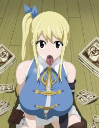 Rule 34 | 1girl, breasts, cum, cum in mouth, cum on body, cum on breasts, cum on upper body, fairy tail, fellatio, female focus, group sex, highres, immortalking art, legs, lucy heartfilia, money, open mouth, oral, rape, solo, tagme, uncensored, waiting, wet