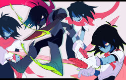 Rule 34 | 1other, armor, black bodysuit, black eyes, black hair, blue skin, bodysuit, boots, cape, closed mouth, colored skin, deltarune, gloves, hair between eyes, highres, holding, holding sword, holding weapon, kris (deltarune), multiple views, other focus, red cape, red eyes, senjochi janai, simple background, sword, torn cape, torn clothes, twitter username, weapon, white gloves