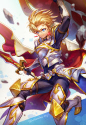 Rule 34 | 1boy, armor, blonde hair, blue eyes, boots, breastplate, cape, commentary request, earrings, faulds, glint, highres, holding, holding sword, holding weapon, hotaruika niji, jewelry, male focus, megido72, pants, rock, sabnock (megido72), shirt, short hair, simple background, smile, solo, sword, weapon, wind, wind lift