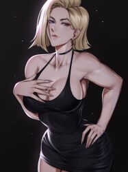 Rule 34 | 1girl, aether whiskey, android 18, asymmetrical hair, black choker, black dress, blonde hair, blush, breasts, choker, cleavage, collarbone, commentary, curvy, dragon ball, dragon ball super, dragonball z, dress, earrings, english commentary, fingernails, flipped hair, forehead, hand on own hip, highres, hoop earrings, jewelry, large breasts, light smile, narrow waist, no bra, ring, sharp fingernails, short dress, short hair, sideboob, solo, spaghetti strap, thick eyebrows, toned, wedding ring