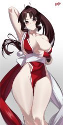 Rule 34 | 1girl, absurdres, bare shoulders, blush, breasts, brown eyes, brown hair, cleavage, collarbone, dress, fatal fury, high ponytail, highres, kurozawa yui, large breasts, long hair, looking at viewer, lying, on back, parted bangs, pelvic curtain, ponytail, red dress, sash, shiranui mai, short dress, sideboob, sidelocks, smile, solo, the king of fighters, thighs, underbust