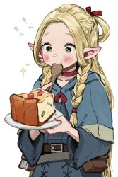 Rule 34 | 1girl, absurdres, belt pouch, blonde hair, blue capelet, blue dress, blush, book, book holster, braid, capelet, choker, commentary, dress, dungeon meshi, eating, elf, english commentary, food, food bite, french braid, hair rings, highres, holding, holding plate, holding spoon, holding staff, hood, hood down, hooded capelet, long hair, long sleeves, looking down, marcille donato, parted bangs, pie, pie slice, plate, pointy ears, pouch, side braid, simple background, solo, spoon, sprout, staff, tabby ragtan, upper body, white background
