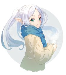 Rule 34 | 1girl, :d, absurdres, blue scarf, blush, brown jacket, casual, coffee mug, cup, elf, frieren, from side, green eyes, grey background, grey hair, highres, holding, holding cup, jacket, long hair, long sleeves, looking at viewer, looking to the side, m.tokotsu, mug, open mouth, pointy ears, scarf, smile, sousou no frieren, steam, twintails, two-tone dress, upper body, white background