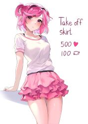 Rule 34 | 1girl, arm support, blush, bob cut, bra strap, breasts, casual, cat symbol, commentary, cowboy shot, doki doki literature club, english commentary, english text, expressionless, frilled skirt, frills, hair intakes, hair ornament, hair ribbon, highres, leaning back, like and retweet, looking at viewer, machulanko, medium breasts, meme, miniskirt, natsuki (doki doki literature club), pink eyes, pink skirt, red ribbon, ribbon, shirt, short hair, short sleeves, skirt, solo, standing, t-shirt, twitter strip game (meme), two side up, white background, white shirt, x hair ornament