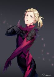 Rule 34 | 10s, 1boy, androgynous, artist name, black background, blonde hair, blue eyes, bodysuit, gearous, green eyes, looking at viewer, male focus, ponytail, simple background, solo, sparkle, yuri!!! on ice, yuri plisetsky