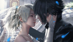 Rule 34 | 10s, 1boy, 1girl, artist name, black hair, blonde hair, bridal gauntlets, bridal veil, eye contact, feathers, final fantasy, final fantasy xv, hand on another&#039;s face, imminent kiss, looking at another, lunafreya nox fleuret, noctis lucis caelum, veil, wlop