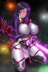 Rule 34 | 1girl, bodysuit, breasts, covered navel, electricity, fate/grand order, fate (series), full body, highres, holding, holding weapon, huge breasts, katana, light smile, long hair, looking at viewer, minamoto no raikou (fate), purple eyes, purple hair, seiza, shiny clothes, shiny skin, sitting, solo, sword, thighs, weapon, zukky
