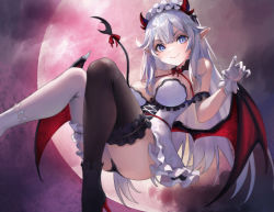 Rule 34 | 1girl, black footwear, black panties, black thighhighs, blue eyes, breasts, cleavage, clothes lift, demon, demon girl, demon horns, demon tail, demon wings, dress, fang, fang out, frilled thighhighs, frills, gloves, hair ornament, hair ribbon, high heels, highres, horns, large breasts, long hair, looking at viewer, maid, maid headdress, natsugou shinogi, no bra, panties, pointy ears, red wings, ribbon, skin fang, skirt, skirt lift, smile, tail, tail ornament, tail ribbon, thighhighs, underwear, vei (vtuber), vei (vtuber) (4th costume), virtual youtuber, vshojo, white gloves, white hair, white thighhighs, wings