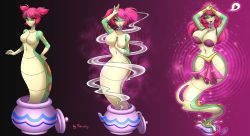 Rule 34 | 1girl, bimbofication, blue eyes, breast expansion, breasts, collarbone, colored sclera, colored skin, fangs, green skin, harem outfit, highres, jar, lamia, large breasts, monster girl, navel, porniky, red hair, shantae: half-genie hero, shantae (series), short hair, short twintails, transformation, tuki (shantae), twintails, yellow sclera