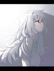 Rule 34 | 1girl, akino sora, breasts, commentary request, gradient background, grey background, hair between eyes, highres, letterboxed, long hair, medium breasts, original, parted lips, profile, red eyes, shirt, short hair, silver hair, solo, very long hair, white background, white shirt