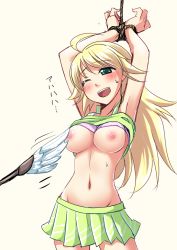Rule 34 | 1girl, ahoge, armpits, arms up, bdsm, blonde hair, bondage, bound, bound wrists, bra, bra lift, breasts, clothes lift, duster, feather duster, green skirt, hoshii miki, idolmaster, idolmaster (classic), long hair, maru (sara duke), miniskirt, narrow waist, navel, nipples, one eye closed, open mouth, pleated skirt, shirt lift, sketch, skinny, skirt, slender, smile, solo, sweat, tickle torture, tickling, tickling nipples, underwear, wince, wink