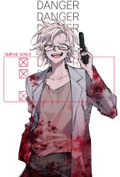 1boy aiming_up black_pants blue_eyes brown_shirt cowboy_shot english_text glasses gun handgun highres holding hsh7955 kanou_aogu lab_coat long_sleeves male_focus open_clothes open_mouth pants rectangular_eyewear saibou_shinkyoku semi-rimless_eyewear shirt short_hair smile solo sweat teeth upper_teeth_only weapon white_hair